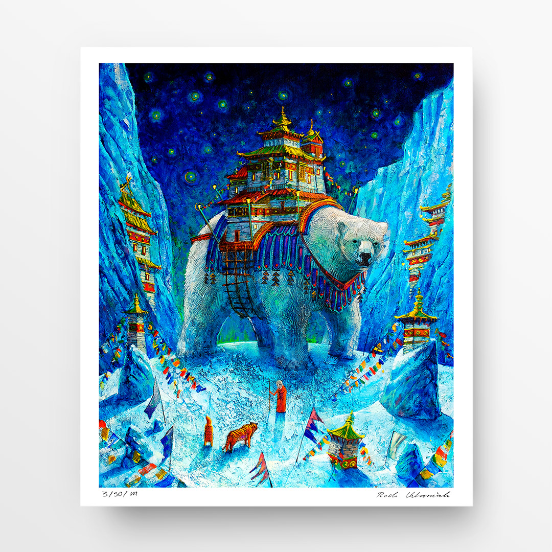 Roch Urbaniak, “Nagarkot". Winter scenery with a mighty polar bear with a temple on its back. Buy a collectible print (giclée). In our offer you will find art prints and reproductions of contemporary art paintings. Available only in Fine Art Prints.