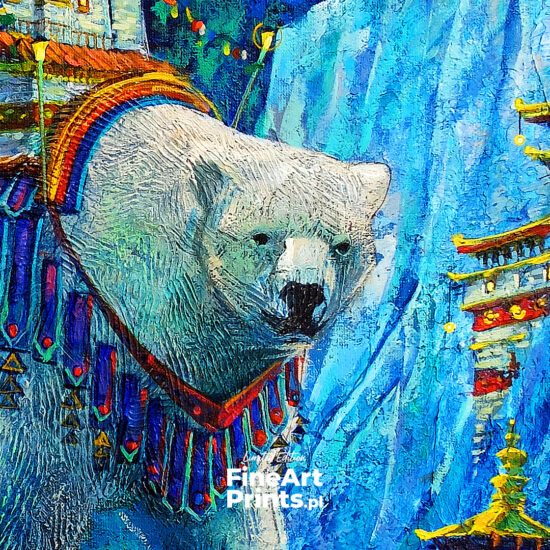 Roch Urbaniak, “Nagarkot". Winter scenery with a mighty polar bear with a temple on its back. Buy a collectible print (giclée). In our offer you will find art prints and reproductions of contemporary art paintings. Available only in Fine Art Prints.