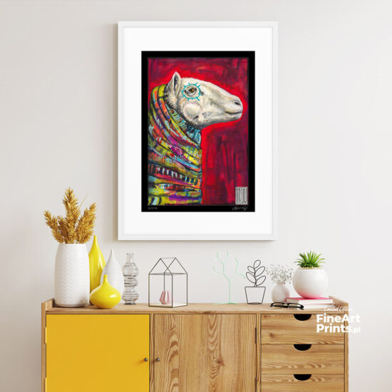 Wojciech Brewka, “Glamour". Sheep in a colorful scarf on a red background. Buy a collectible print (giclée). In our offer you will find art prints and reproductions of contemporary art paintings. Available only in Fine Art Prints.