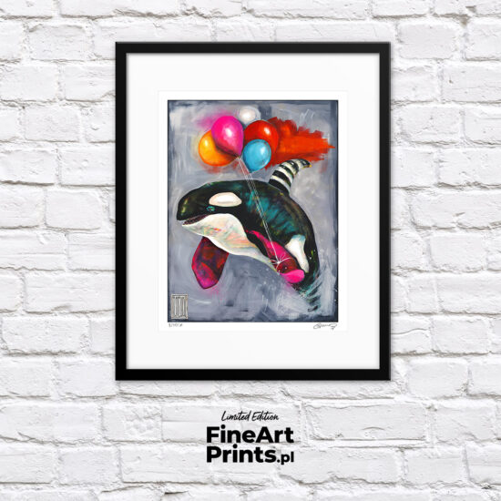 Wojciech Brewka, “Fly!”. Orca whale with balloons flying out of the water. Buy a collectible print (giclée). In our offer you will find art prints and reproductions of contemporary art paintings. Available only in Fine Art Prints.