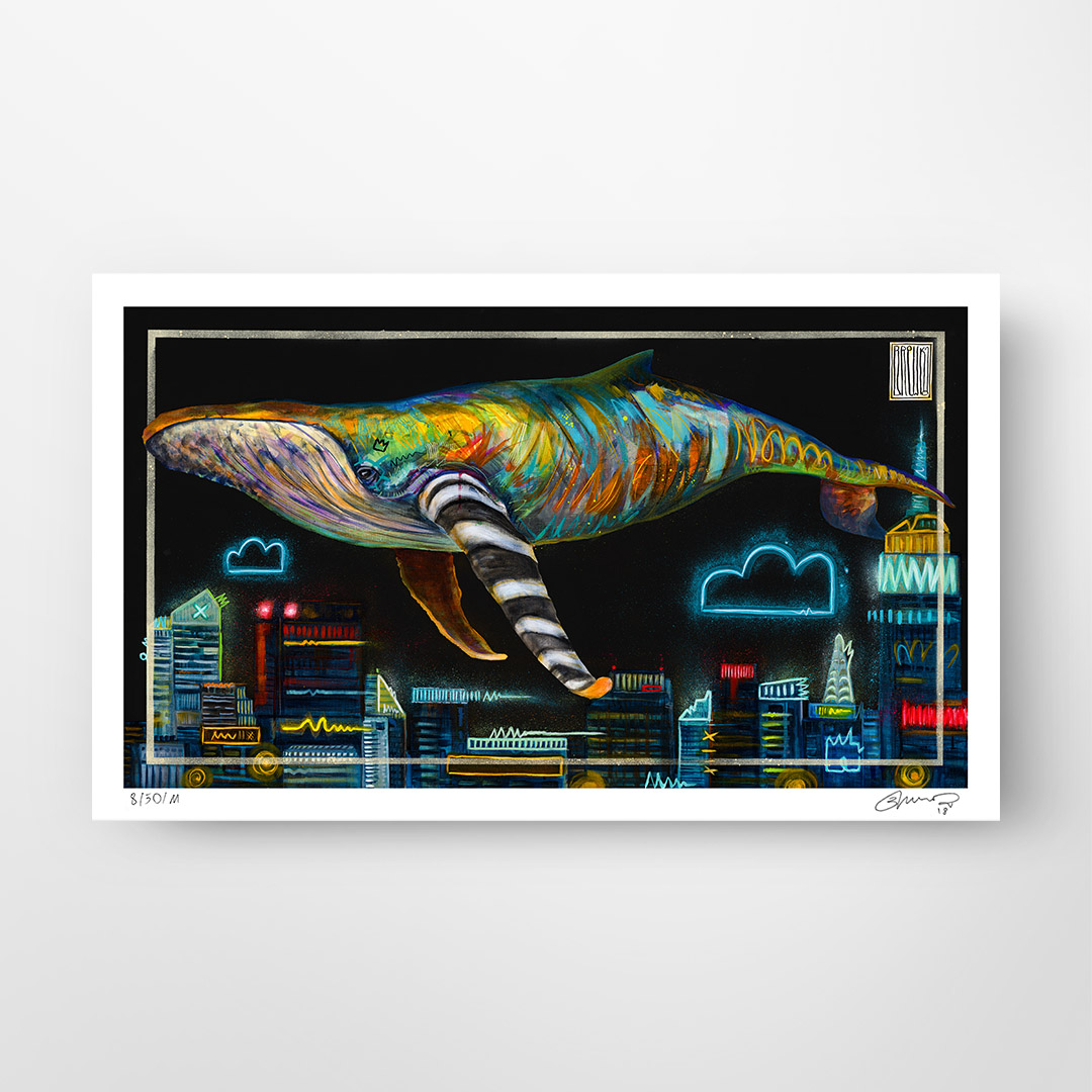 Wojciech Brewka, “Night Cruising". A neon whale flying over the skyline of Warsaw. Buy a collectible print (giclée). In our offer you will find art prints and reproductions of contemporary art paintings. Available only in Fine Art Prints.