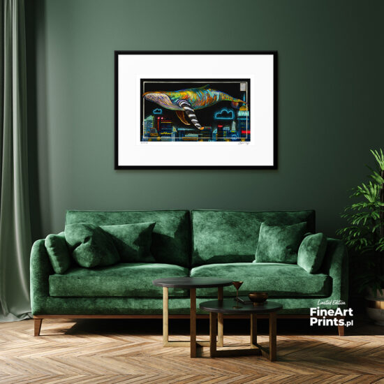 Wojciech Brewka, “Night Cruising". A neon whale flying over the skyline of Warsaw. Buy a collectible print (giclée). In our offer you will find art prints and reproductions of contemporary art paintings. Available only in Fine Art Prints.
