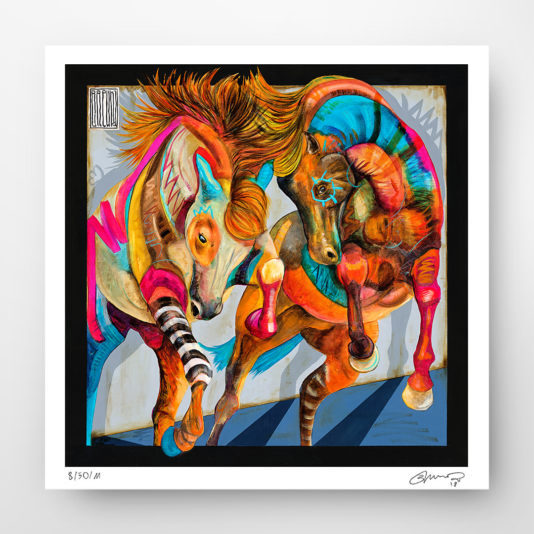 Wojciech Brewka, “Twins II". Dwa kolorowe konie w galopie. Kup kolekcjonerski print (giclée). W naszej ofercie znajdziesz wydruki artystyczne oraz reprodukcje obrazów sztuki współczesnej. Dostępne tylko w Fine Art Prints.