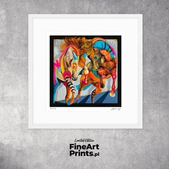 Wojciech Brewka, “Twins II". Two colorful horses galloping. Buy a collectible print (giclée). In our offer you will find art prints and reproductions of contemporary art paintings. Available only in Fine Art Prints.