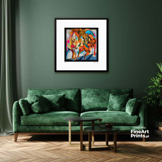 Wojciech Brewka, “Twins II". Two colorful horses galloping. Buy a collectible print (giclée). In our offer you will find art prints and reproductions of contemporary art paintings. Available only in Fine Art Prints.