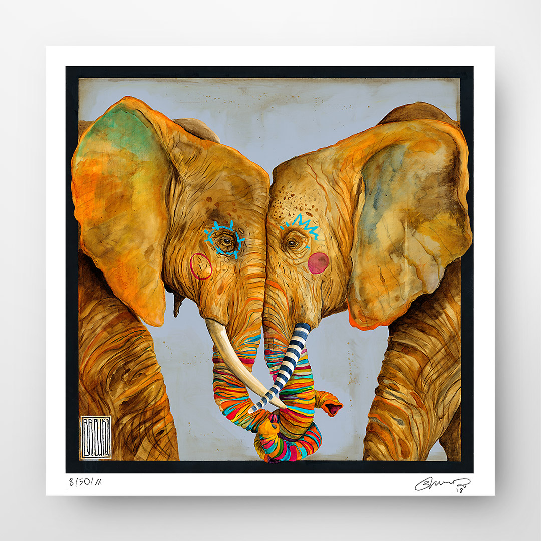 Wojciech Brewka, “Soulmates. Dwa słonie przytulające się do siebie trąbami. Kup kolekcjonerski print (giclée). W naszej ofercie znajdziesz wydruki artystyczne oraz reprodukcje obrazów sztuki współczesnej. Dostępne tylko w Fine Art Prints.
