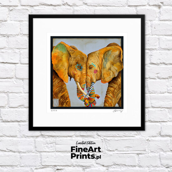 Wojciech Brewka, “Soulmates". Two elephants hugging each other with their trunks. Buy a collectible print (giclée). In our offer you will find art prints and reproductions of contemporary art paintings. Available only in Fine Art Prints.
