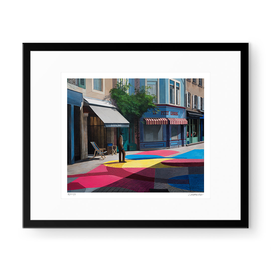 Obraz Joanny Karpowicz 'Le Petit Caporal' z postacią Anubisa w miejskim krajobrazie pełnym kolorów