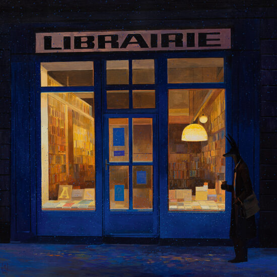 Print 'Librairie' autorstwa Joanny Karpowicz przedstawiający Anubisa przed księgarnią