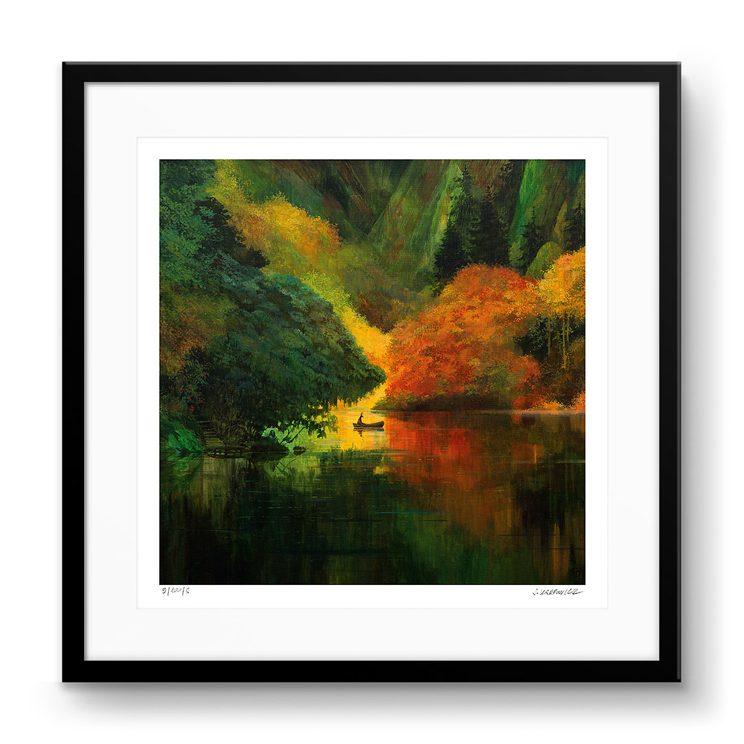 Anubis kontemplujący jesienną scenerię nad jeziorem na obrazie 'Serenity' Joanny Karpowicz