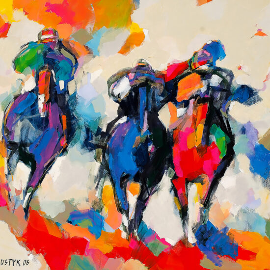 Dzieło 'Colour riders' Bogusława Lustyka przedstawiające energiczne konie w galopie, tętniące barwami i życiem.