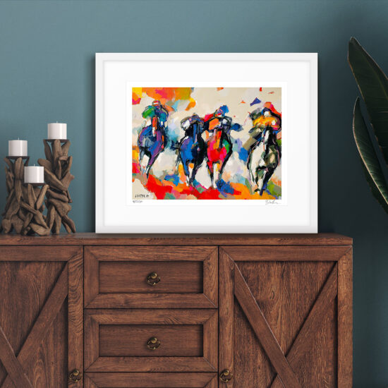 The work 'Colour riders' by Bogusław Lustyk, featuring energetic horses in gallop, pulsating with colors and life.