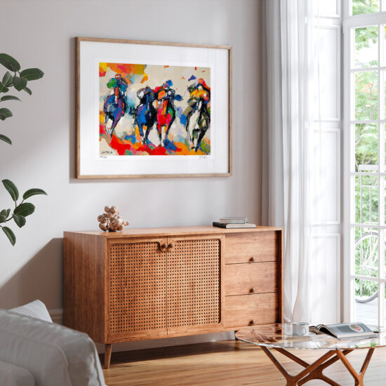 Dzieło 'Colour riders' Bogusława Lustyka przedstawiające energiczne konie w galopie, tętniące barwami i życiem.