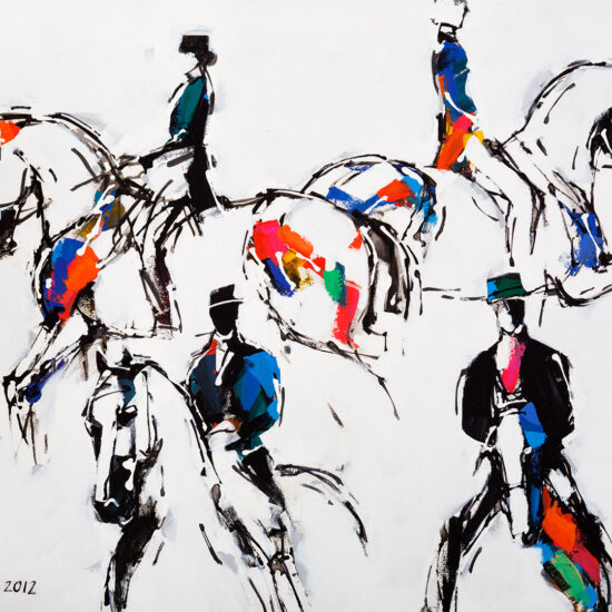 Abstrakcyjne przedstawienie koni dresażowych na obrazie 'Dressage' autorstwa Bogusława Lustyka.