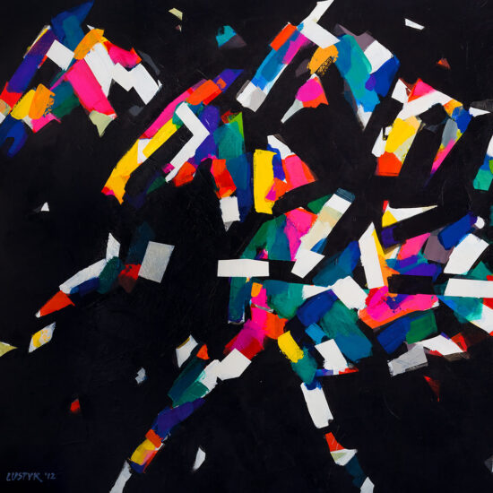 Dynamiczna kompozycja 'Harness' Bogusława Lustyka, przedstawiająca kolorowy zaprzęg koni na tle czerni.