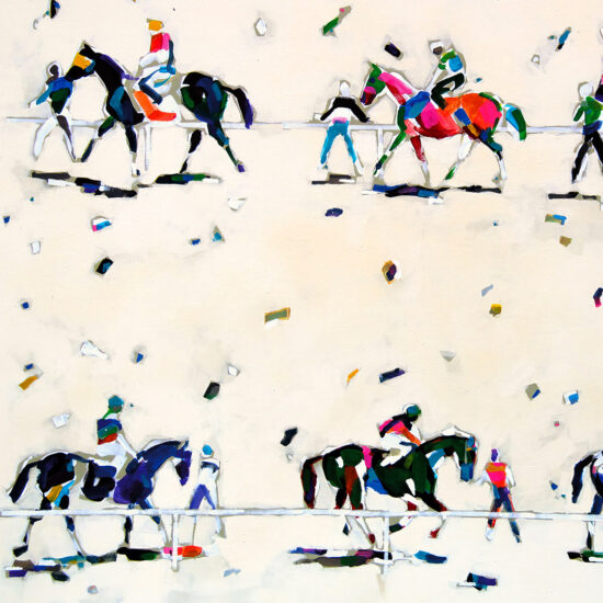 The paddock scene from Lustyk's 'Paddock' painting, where horses prepare for the races.