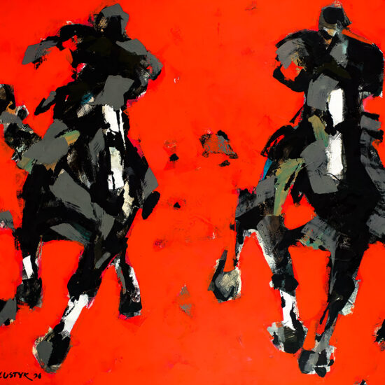 Intensywne, czerwone tło z dynamicznymi sylwetkami koni na obrazie 'Red Race' Lustyka.