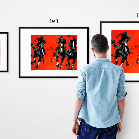 Intense, red background with dynamic silhouettes of horses in Lustyk's 'Red Race'.