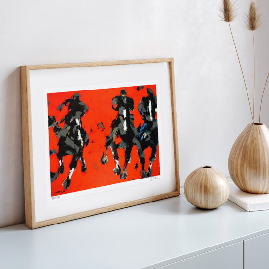 Intense, red background with dynamic silhouettes of horses in Lustyk's 'Red Race'.