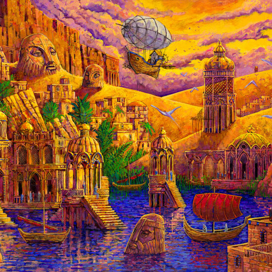 'The Oasis of the Ifrits' by Roch Urbaniak - a golden city in the desert with majestic buildings and a flying ship above them.