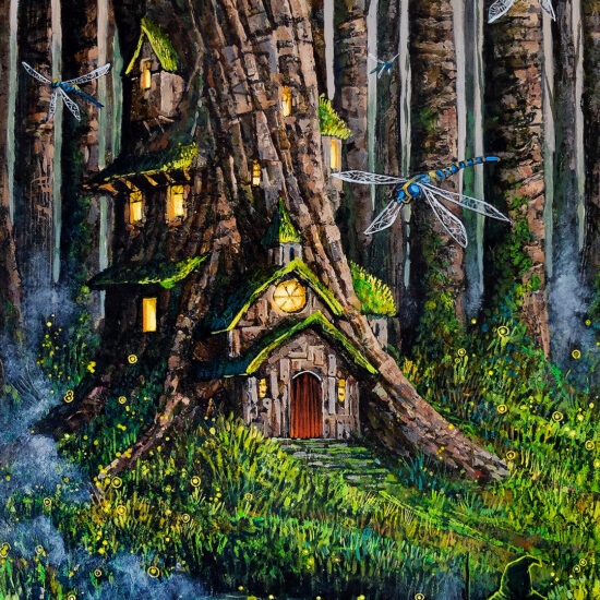 'Oti and the Old Forest' by Roch Urbaniak - a charming cottage in the trunk of an old tree, surrounded by flying dragonflies and fireflies in a dense forest.