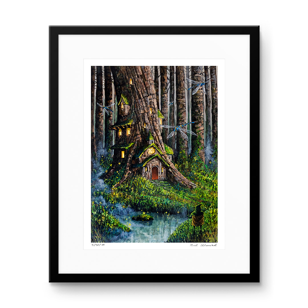 'Oti and the Old Forest' by Roch Urbaniak - a charming cottage in the trunk of an old tree, surrounded by flying dragonflies and fireflies in a dense forest.