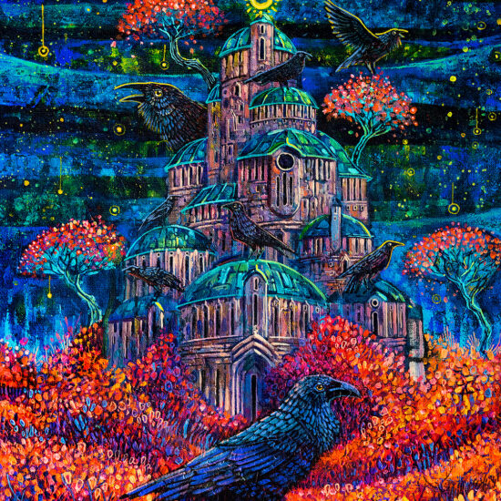 Twierdza Pani Kruków autorstwa Rocha Urbaniaka - majestatyczna twierdza z krukami, otoczona kolorowymi drzewami pod rozgwieżdżonym niebem.
