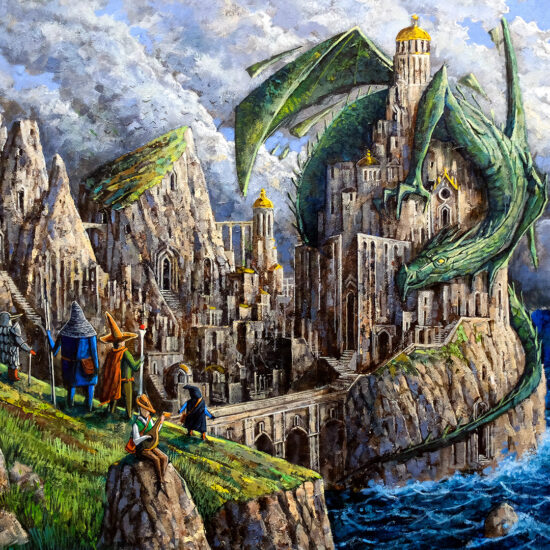 Zew Przygody autorstwa Rocha Urbaniaka - monumentalny zamek wciśnięty między górskie szczyty, nad którym unosi się smok, a na klifie grupa bohaterów.