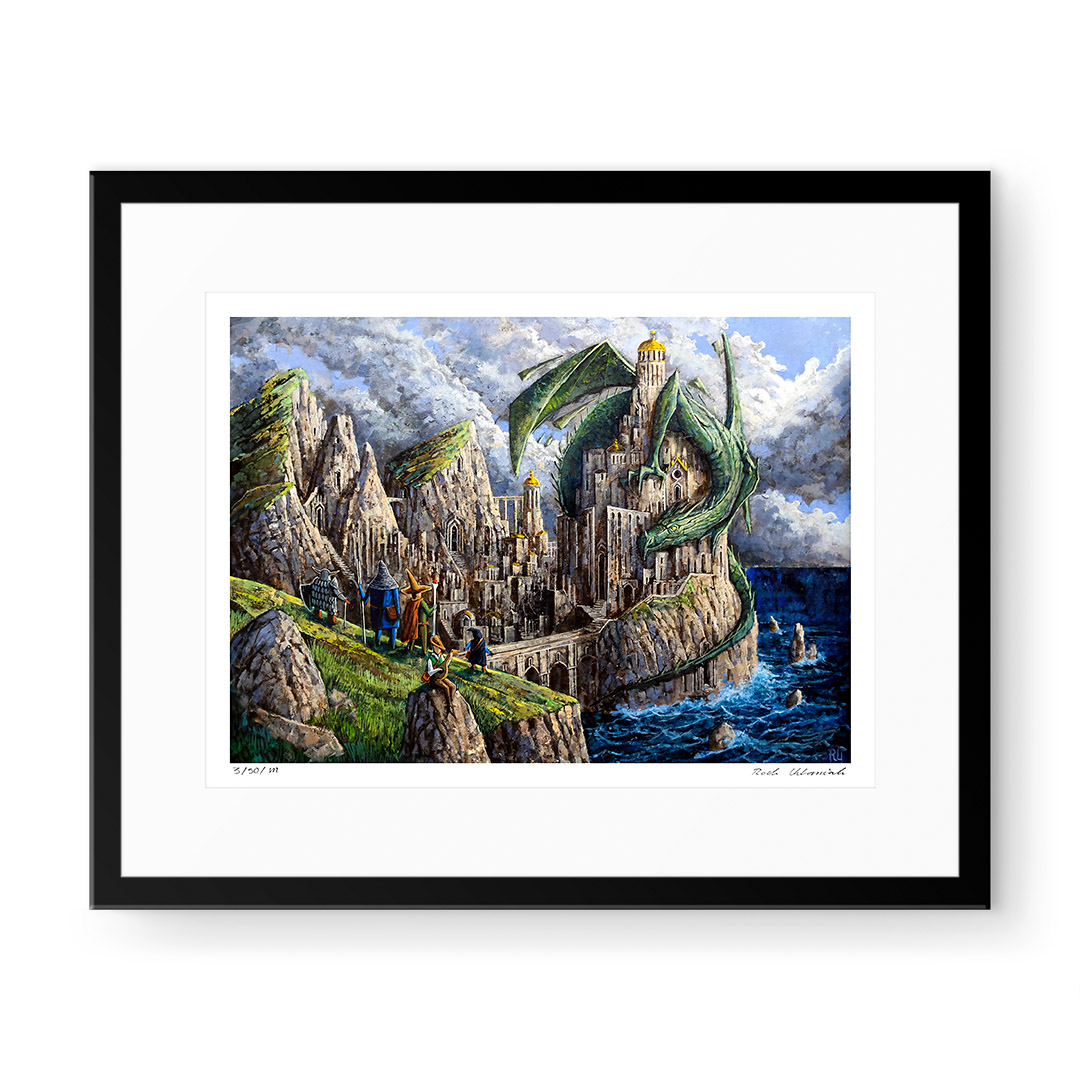 'Call to Adventure' by Roch Urbaniak - a monumental castle nestled between mountain peaks, with a dragon hovering above and a group of heroes on a cliff.
