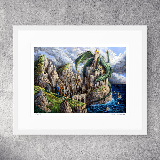 'Call to Adventure' by Roch Urbaniak - a monumental castle nestled between mountain peaks, with a dragon hovering above and a group of heroes on a cliff.