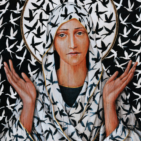 "Ave Maria. Ave Aves" by Borys Fiodorowicz - a painting depicting a stylized Madonna surrounded by birds.