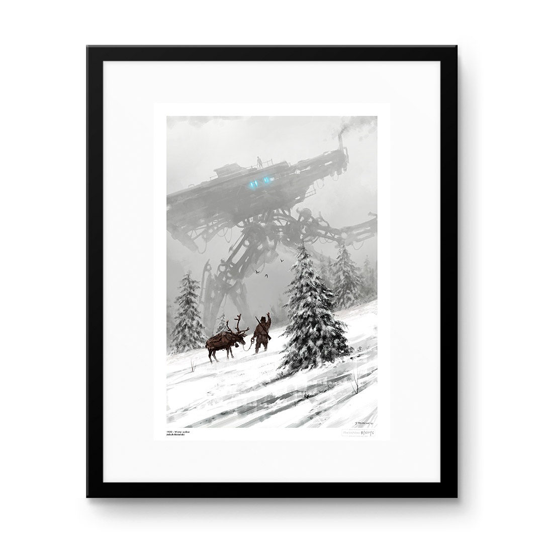 "1920 - Winter Walker" by Jakub Różalski – a winter scene with reindeer and a giant walking machine.