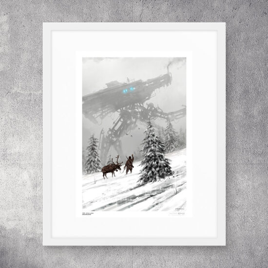 "1920 - Winter Walker" by Jakub Różalski – a winter scene with reindeer and a giant walking machine.