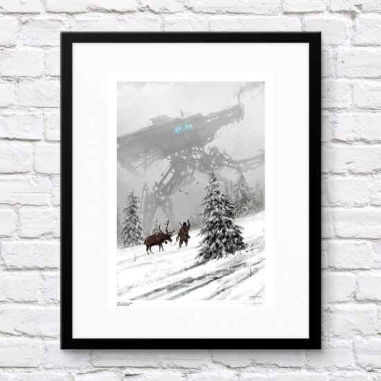 "1920 - Winter Walker" by Jakub Różalski – a winter scene with reindeer and a giant walking machine.