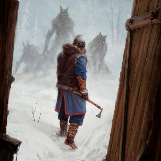 "Knock Knock" by Jakub Różalski – the hero faces off against werewolves.