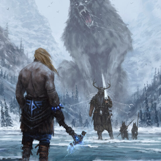 "Strong Bond" by Jakub Różalski – Tyr and Fenrir in a dramatic confrontation with the gods.