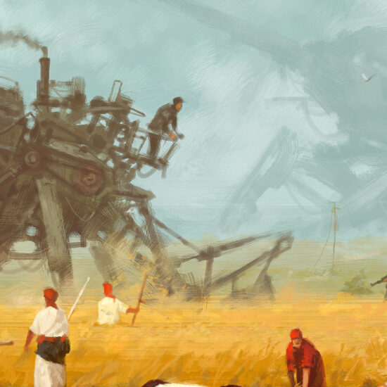 "1920 - Advanced Harvest" autorstwa Jakuba Różalskiego - spokój wiejskiego życia i zaawansowana technologia.