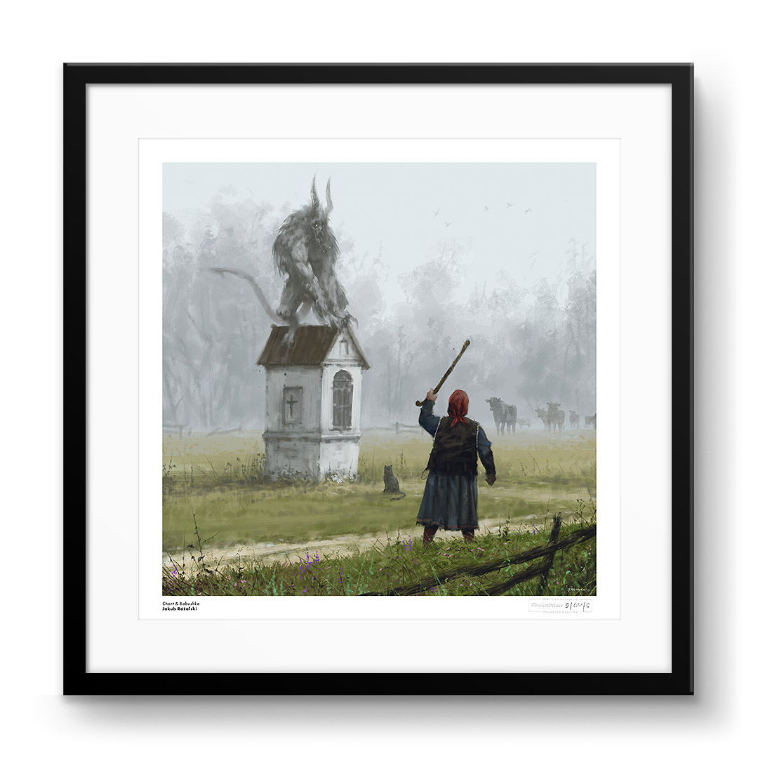 The collector's print "Chort & Babushka" by Jakub Różalski — a clash between Slavic legend and the courage of a rural babushka.