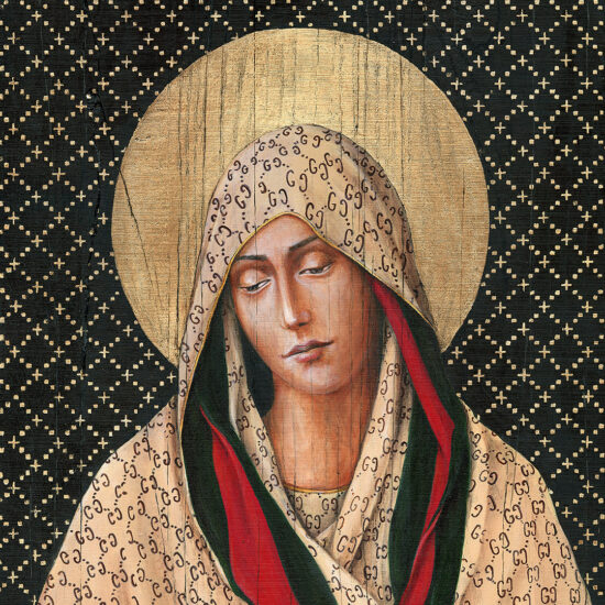 Współczesna interpretacja ikony religijnej – Matka Boska w szatach Gucci, obraz Borysa Fiodorowicza „Fashion Icon II”.