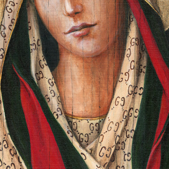 Współczesna interpretacja ikony religijnej – Matka Boska w szatach Gucci, obraz Borysa Fiodorowicza „Fashion Icon II”.