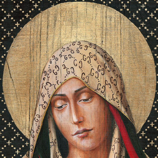 Współczesna interpretacja ikony religijnej – Matka Boska w szatach Gucci, obraz Borysa Fiodorowicza „Fashion Icon II”.
