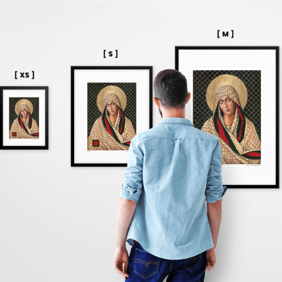 Współczesna interpretacja ikony religijnej – Matka Boska w szatach Gucci, obraz Borysa Fiodorowicza „Fashion Icon II”.