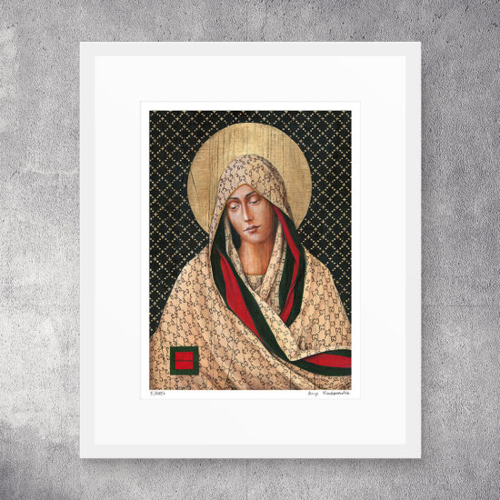 Współczesna interpretacja ikony religijnej – Matka Boska w szatach Gucci, obraz Borysa Fiodorowicza „Fashion Icon II”.