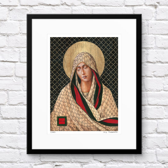Współczesna interpretacja ikony religijnej – Matka Boska w szatach Gucci, obraz Borysa Fiodorowicza „Fashion Icon II”.