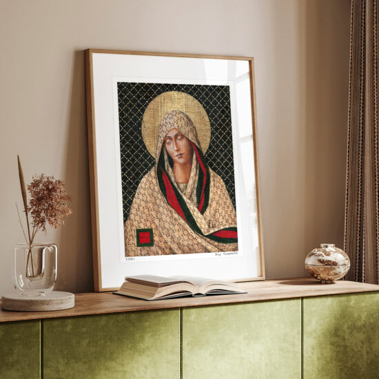 Współczesna interpretacja ikony religijnej – Matka Boska w szatach Gucci, obraz Borysa Fiodorowicza „Fashion Icon II”.