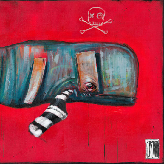 A painting showing a whale with its body cut open against a red background with a pirate symbol.