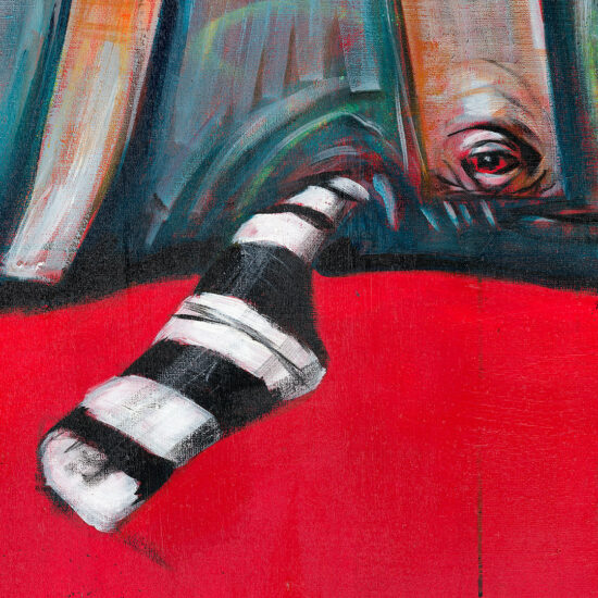A painting showing a whale with its body cut open against a red background with a pirate symbol.