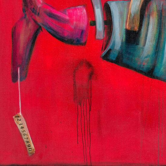 A painting showing a whale with its body cut open against a red background with a pirate symbol.