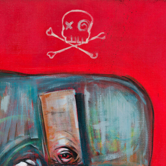 A painting showing a whale with its body cut open against a red background with a pirate symbol.