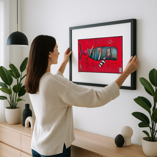 A painting showing a whale with its body cut open against a red background with a pirate symbol.